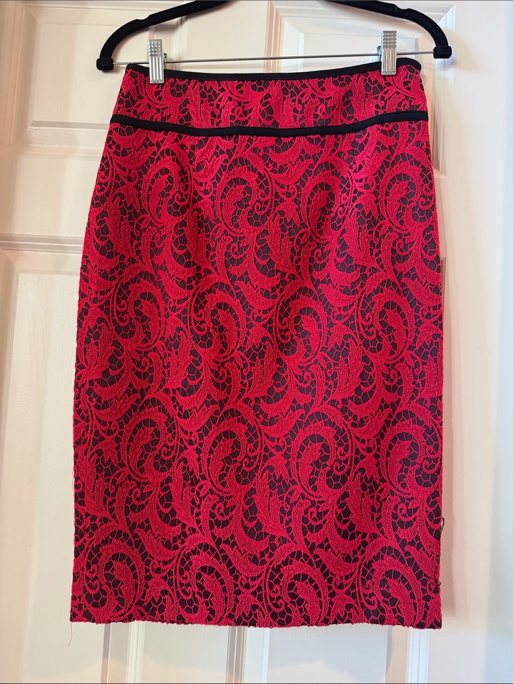 Magaschoni Red Lace Pencil Skirt with Black Accents